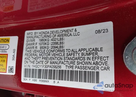 2023 Honda Accord Ex from USA, damaged, VIN 1HGCY1F30PA058256